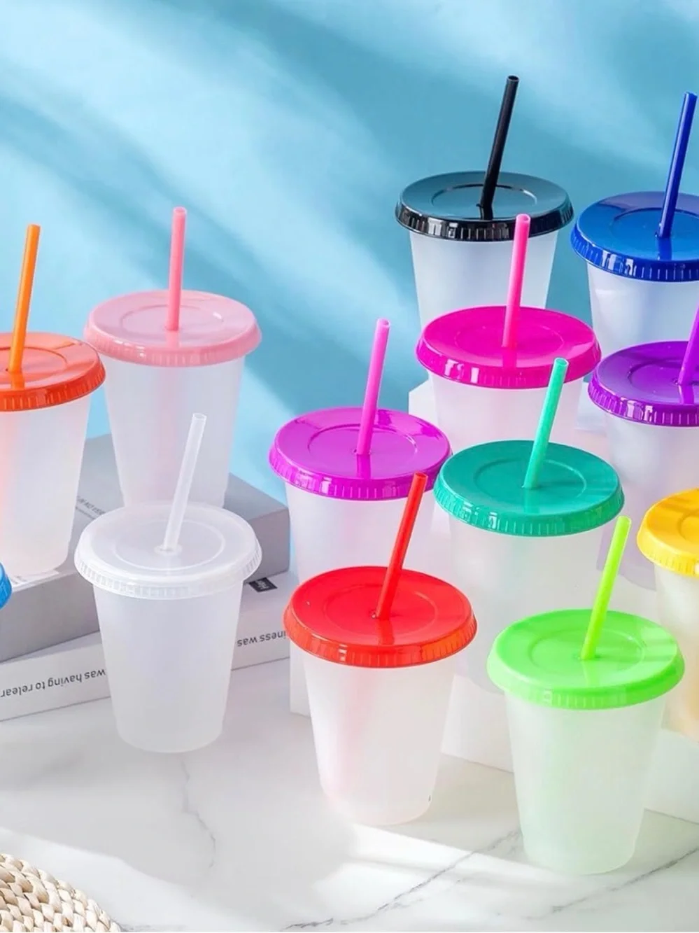 Reusable Party Cup Lids and Straws Set - Purple & Multicolor, lot of 15, NEW!